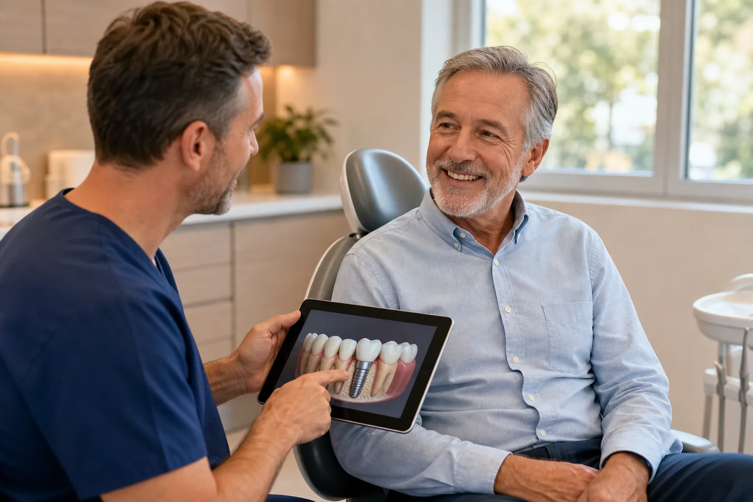 A full-arch All-on-X implant restoration model held up for a patient consultation
